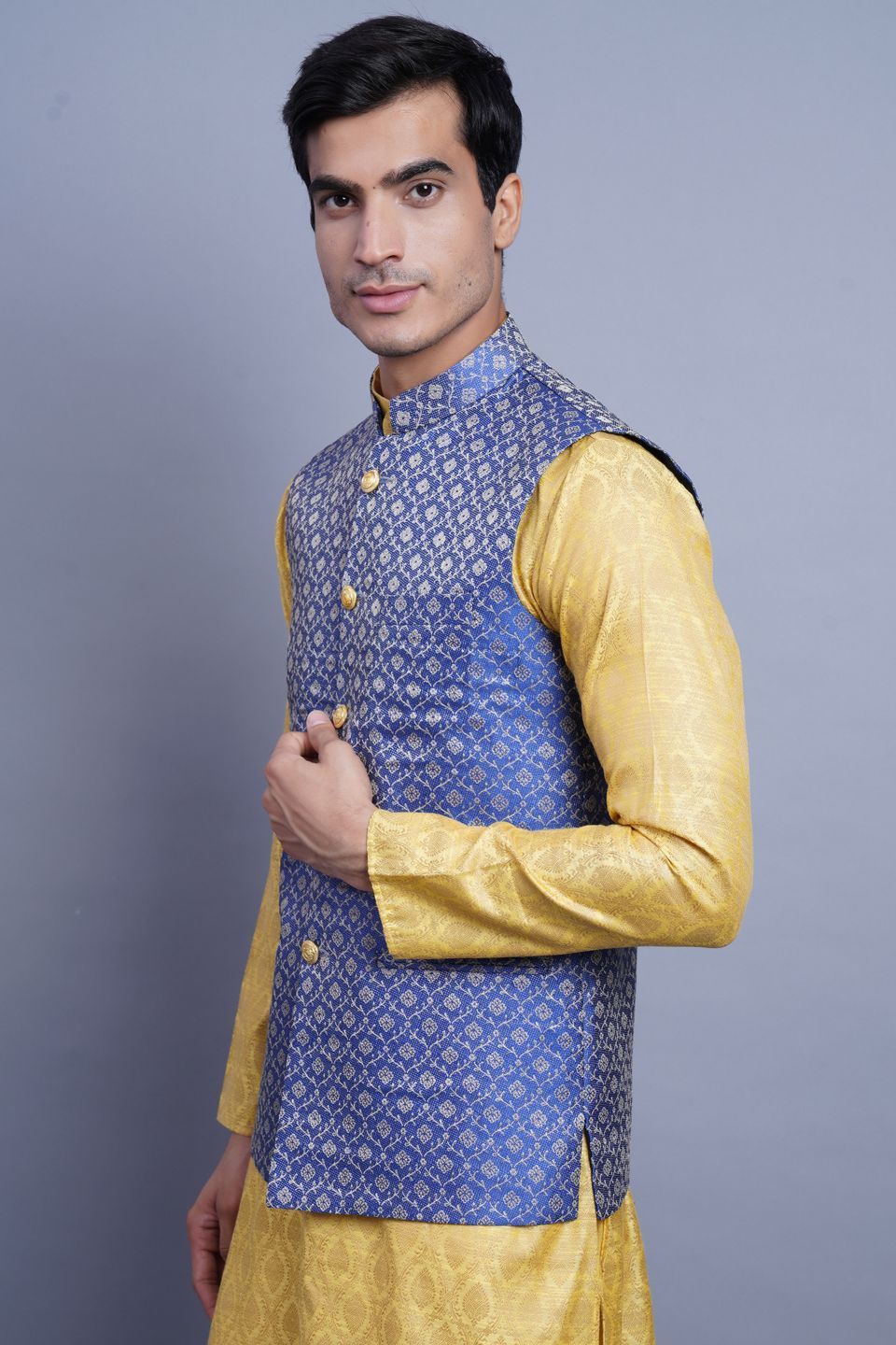 WINTAGE Men's Banarasi Rayon Cotton Bandhgala Festive Nehru Modi Jacket Waistcoat : Blue