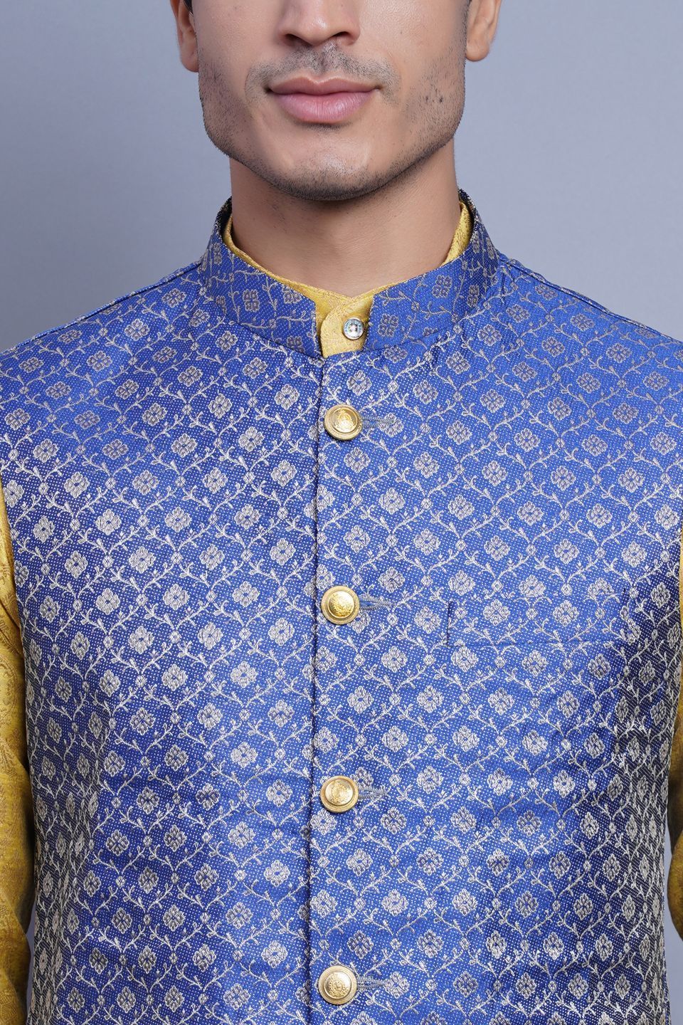 WINTAGE Men's Banarasi Rayon Cotton Bandhgala Festive Nehru Modi Jacket Waistcoat : Blue