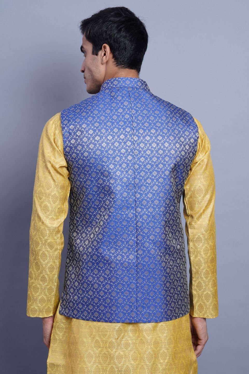 WINTAGE Men's Banarasi Rayon Cotton Bandhgala Festive Nehru Modi Jacket Waistcoat : Blue