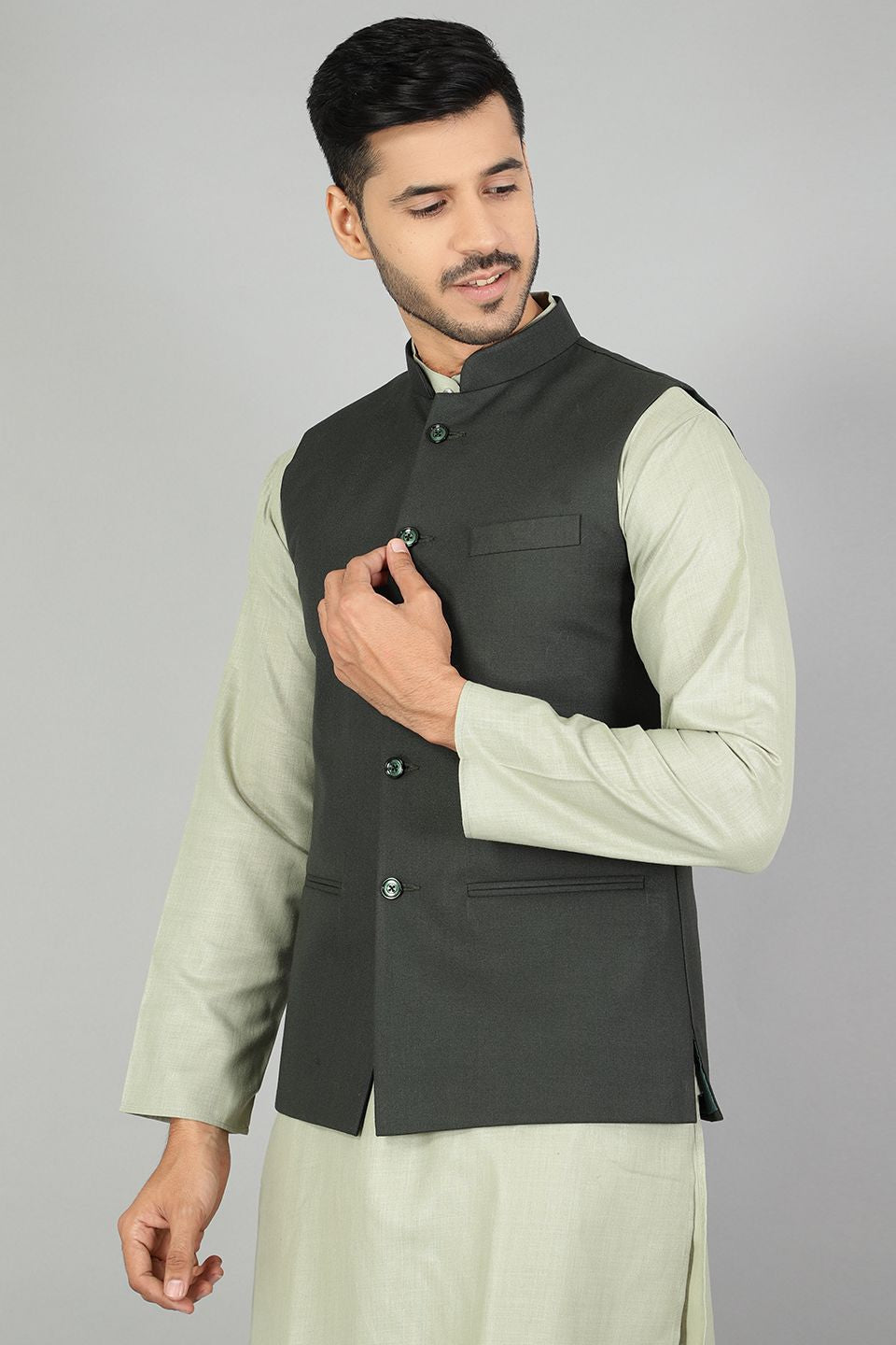 Polyester Cotton Plain Green Modi Nehru Jacket