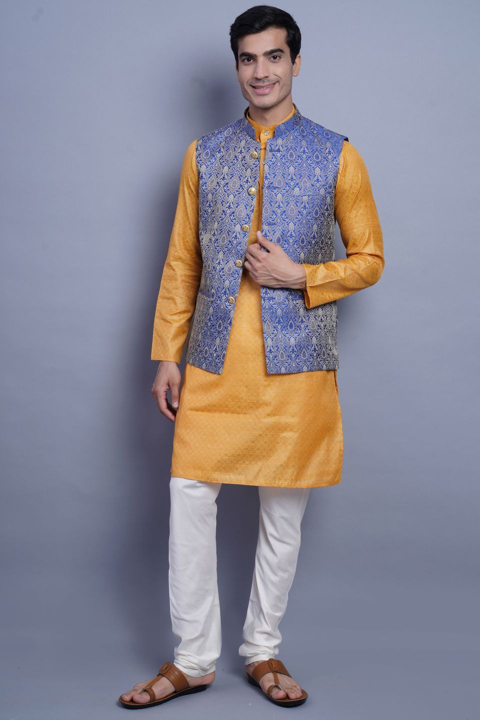 Banarasi Rayon Cotton Blue Modi Nehru Jacket