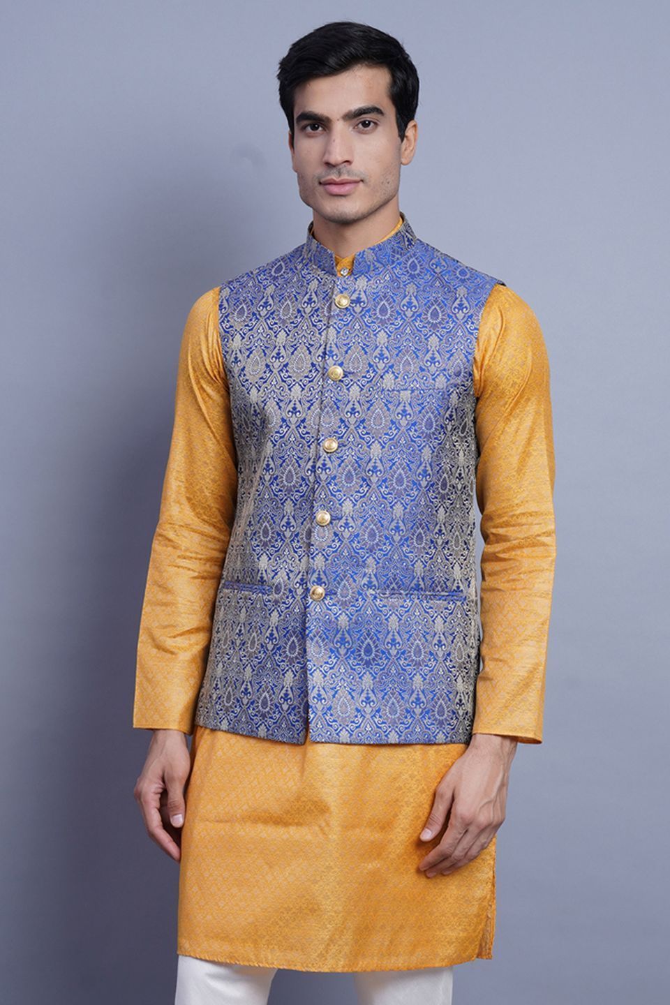 WINTAGE Men's Banarasi Rayon Cotton Bandhgala Festive Nehru Modi Jacket Waistcoat : Blue