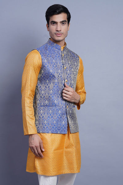 WINTAGE Men's Banarasi Rayon Cotton Bandhgala Festive Nehru Modi Jacket Waistcoat : Blue