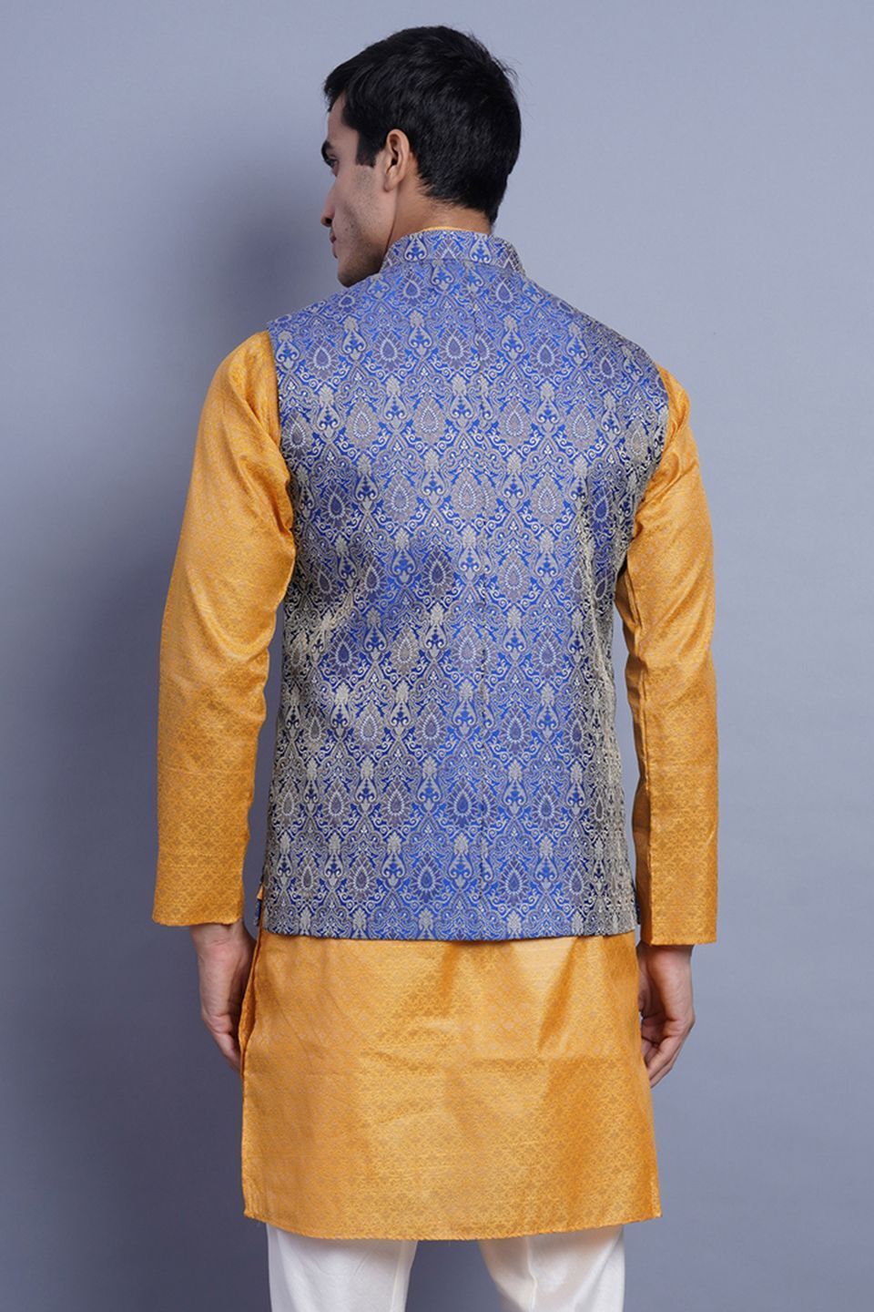 WINTAGE Men's Banarasi Rayon Cotton Bandhgala Festive Nehru Modi Jacket Waistcoat : Blue