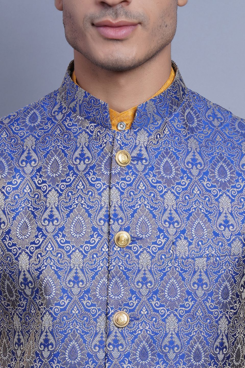 WINTAGE Men's Banarasi Rayon Cotton Bandhgala Festive Nehru Modi Jacket Waistcoat : Blue