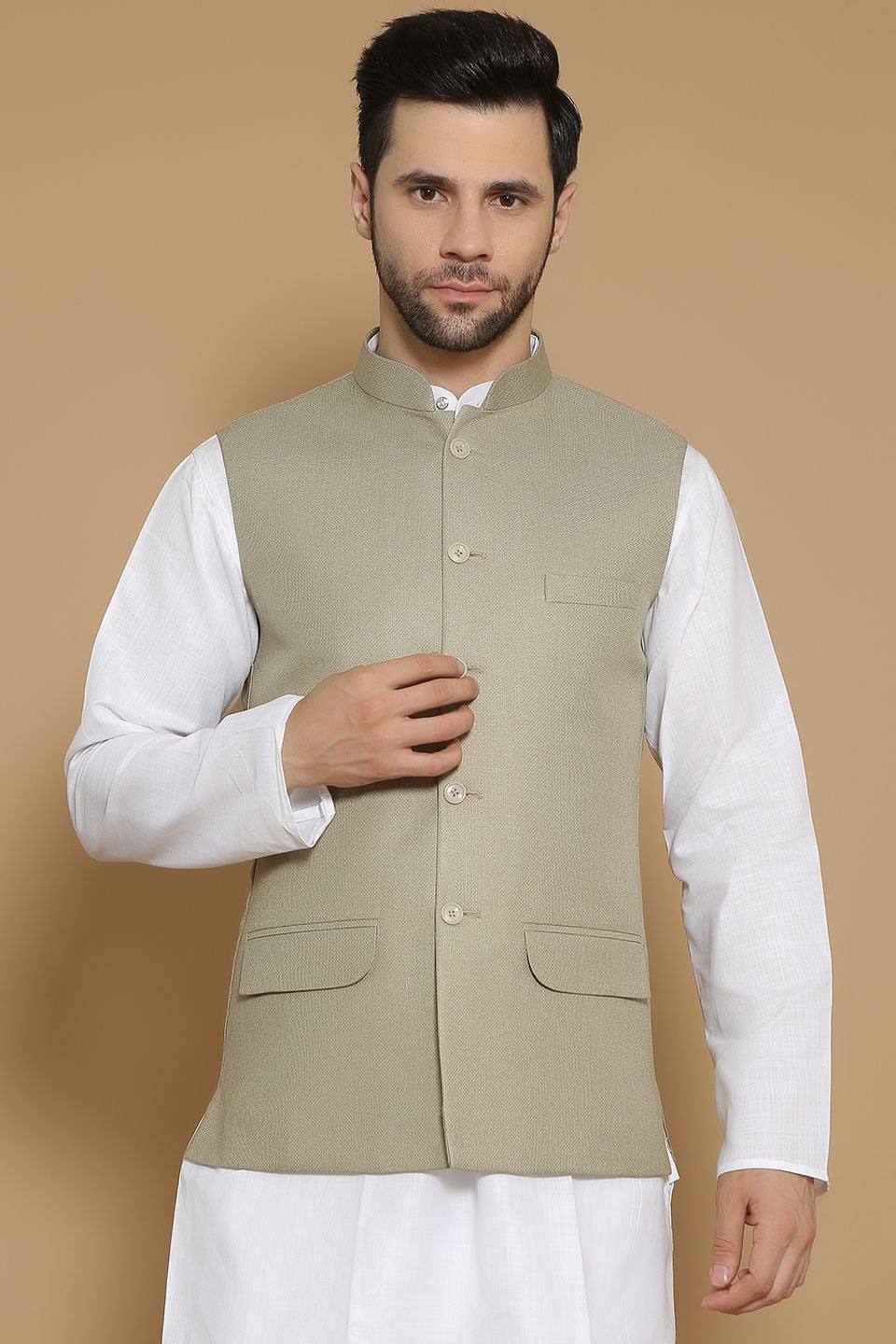 Poly Viscose Beige Modi Nehru Jacket