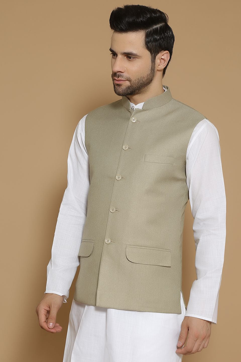 Poly Viscose Beige Modi Nehru Jacket