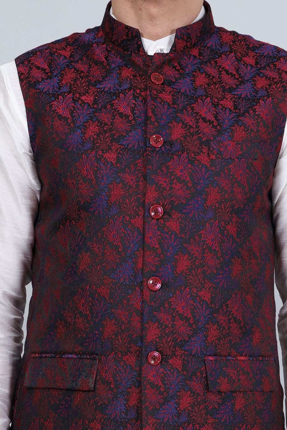 Banarasi Rayon Cotton Red Modi Nehru Jacket