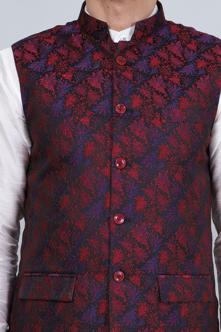 Banarasi Rayon Cotton Red Modi Nehru Jacket