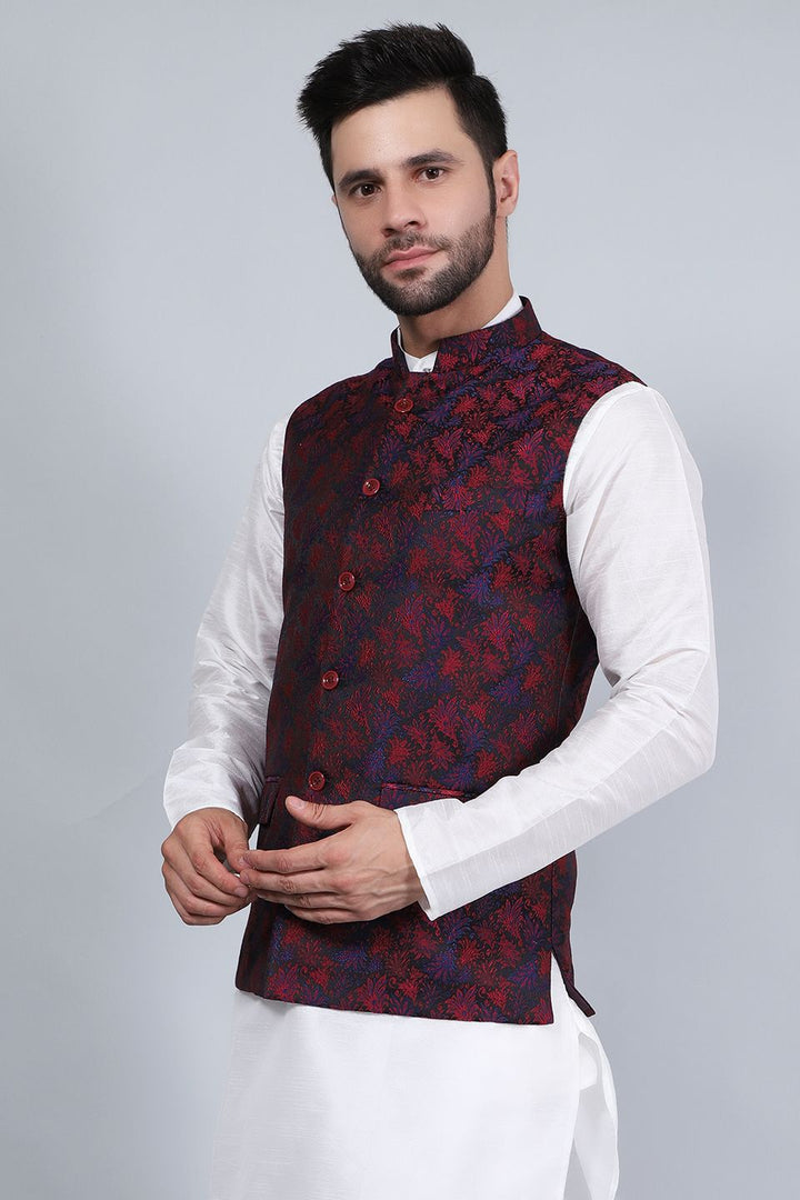 Banarasi Rayon Cotton Red Modi Nehru Jacket