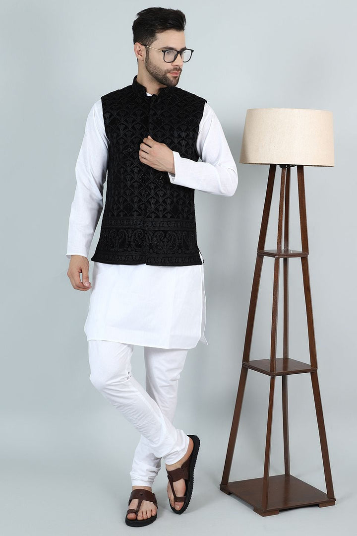 Embroidered Velvet Black Modi Nehru Jacket