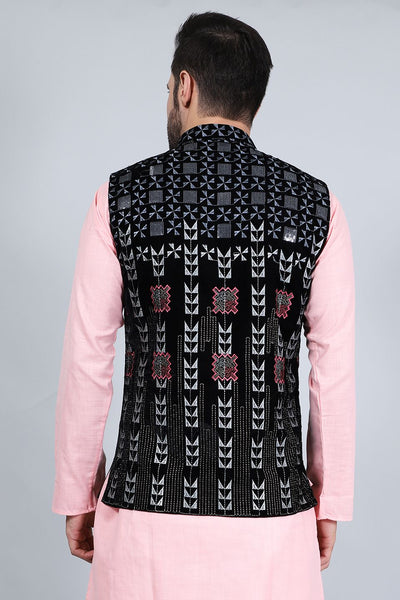 Embroidered Velvet Black Modi Nehru Jacket