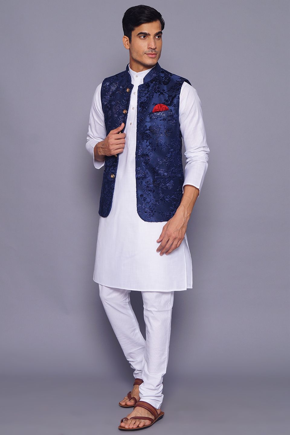 Wintage Men's Embroidered Velvet Grandad Nehru Jacket : Blue