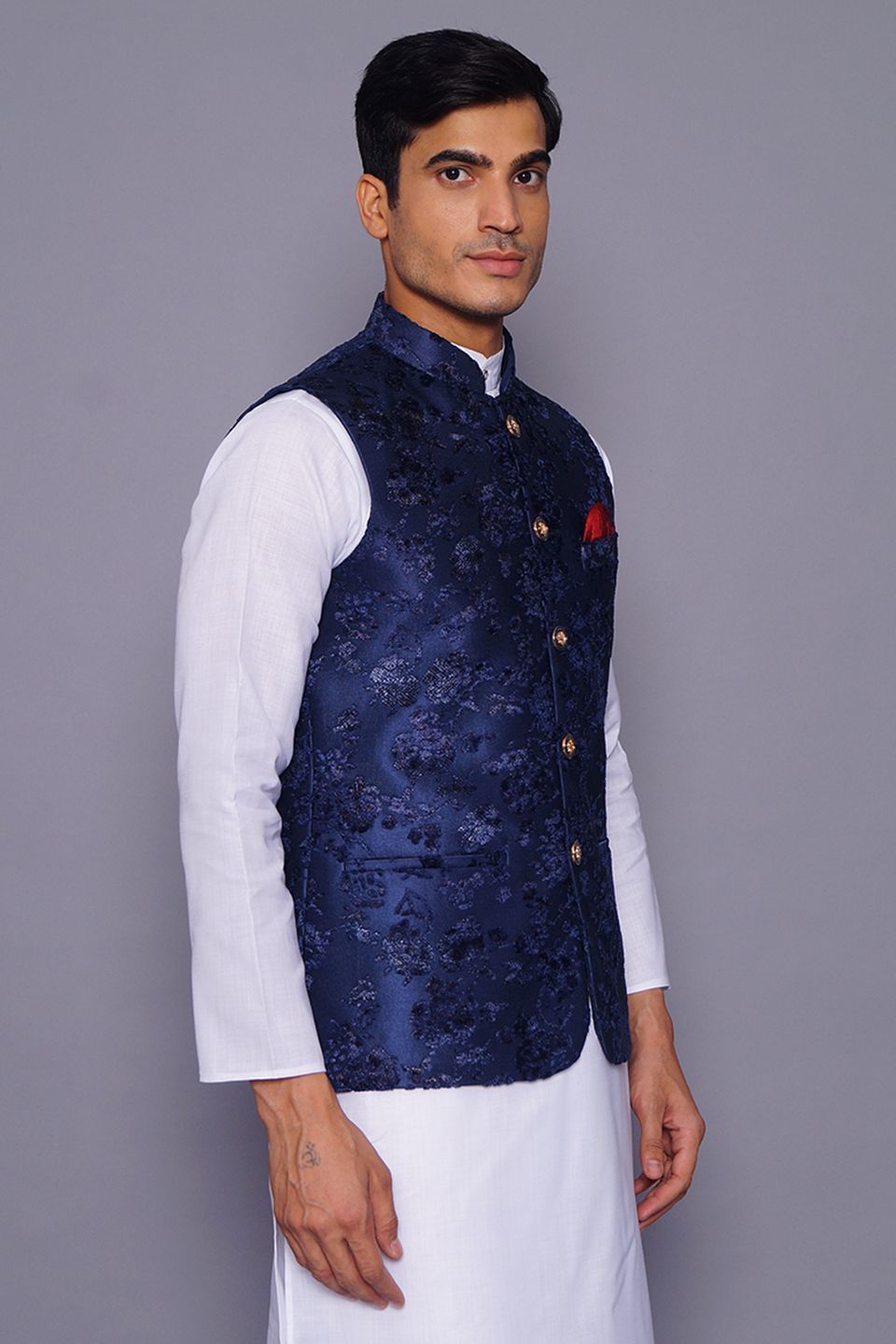 Wintage Men's Embroidered Velvet Grandad Nehru Jacket : Blue