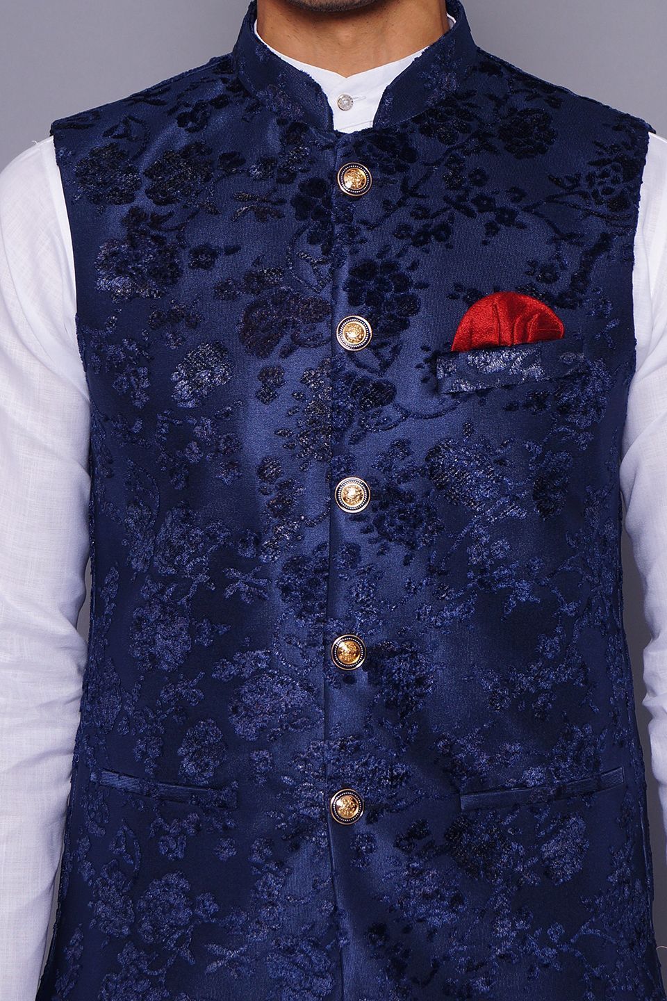Wintage Men's Embroidered Velvet Grandad Nehru Jacket : Blue