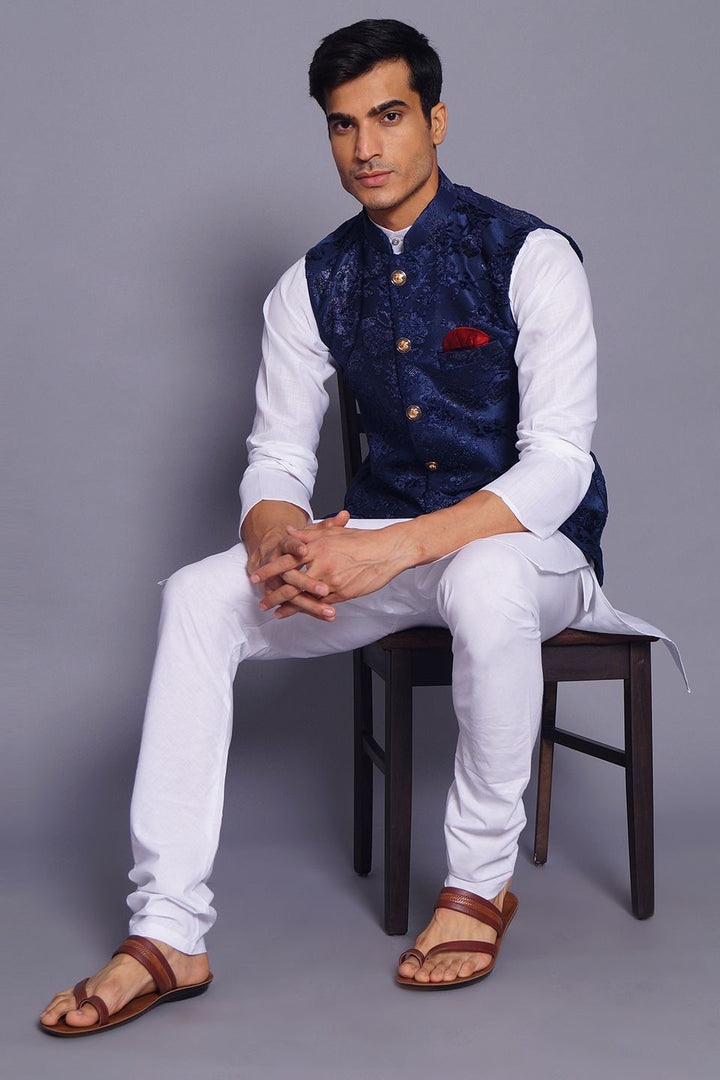 Wintage Men's Embroidered Velvet Grandad Nehru Jacket : Blue