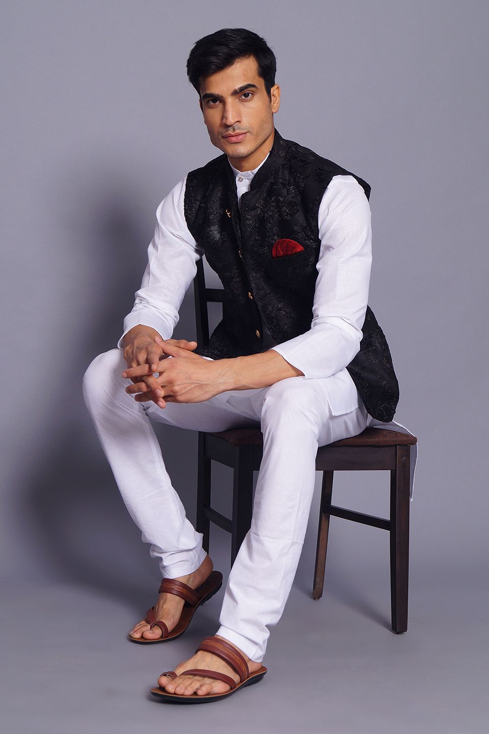 Wintage Men's Embroidered Velvet Grandad Nehru Jacket : Black