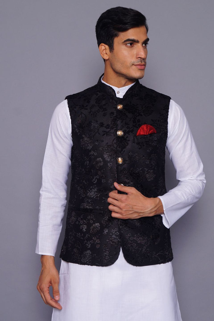 Wintage Men's Embroidered Velvet Grandad Nehru Jacket : Black