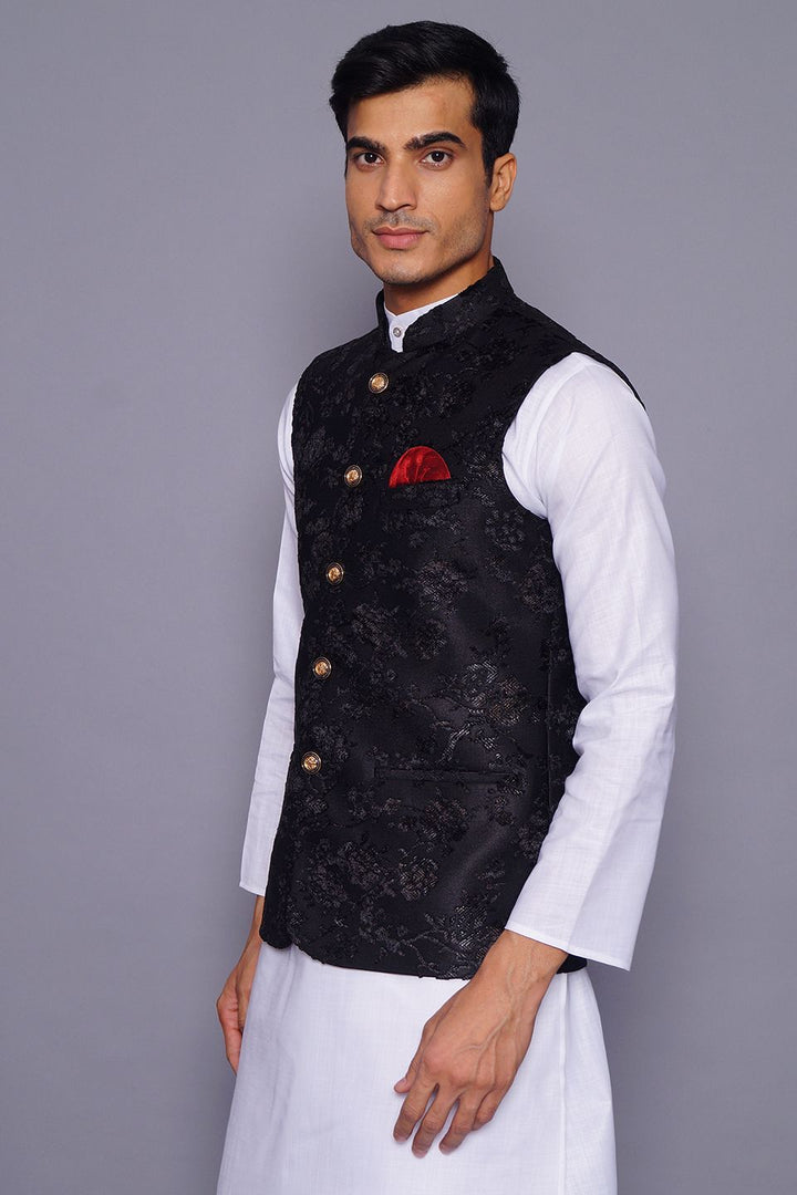 Wintage Men's Embroidered Velvet Grandad Nehru Jacket : Black
