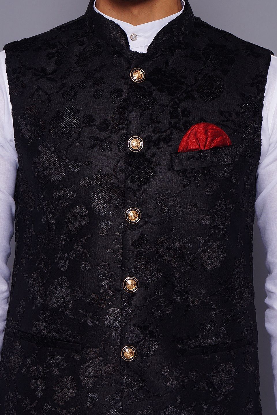 Wintage Men's Embroidered Velvet Grandad Nehru Jacket : Black