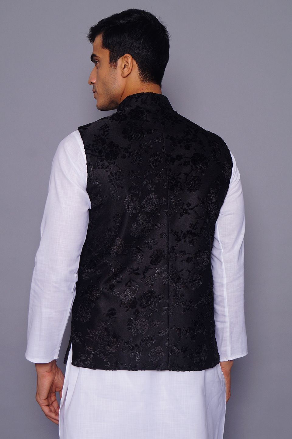 Wintage Men's Embroidered Velvet Grandad Nehru Jacket : Black