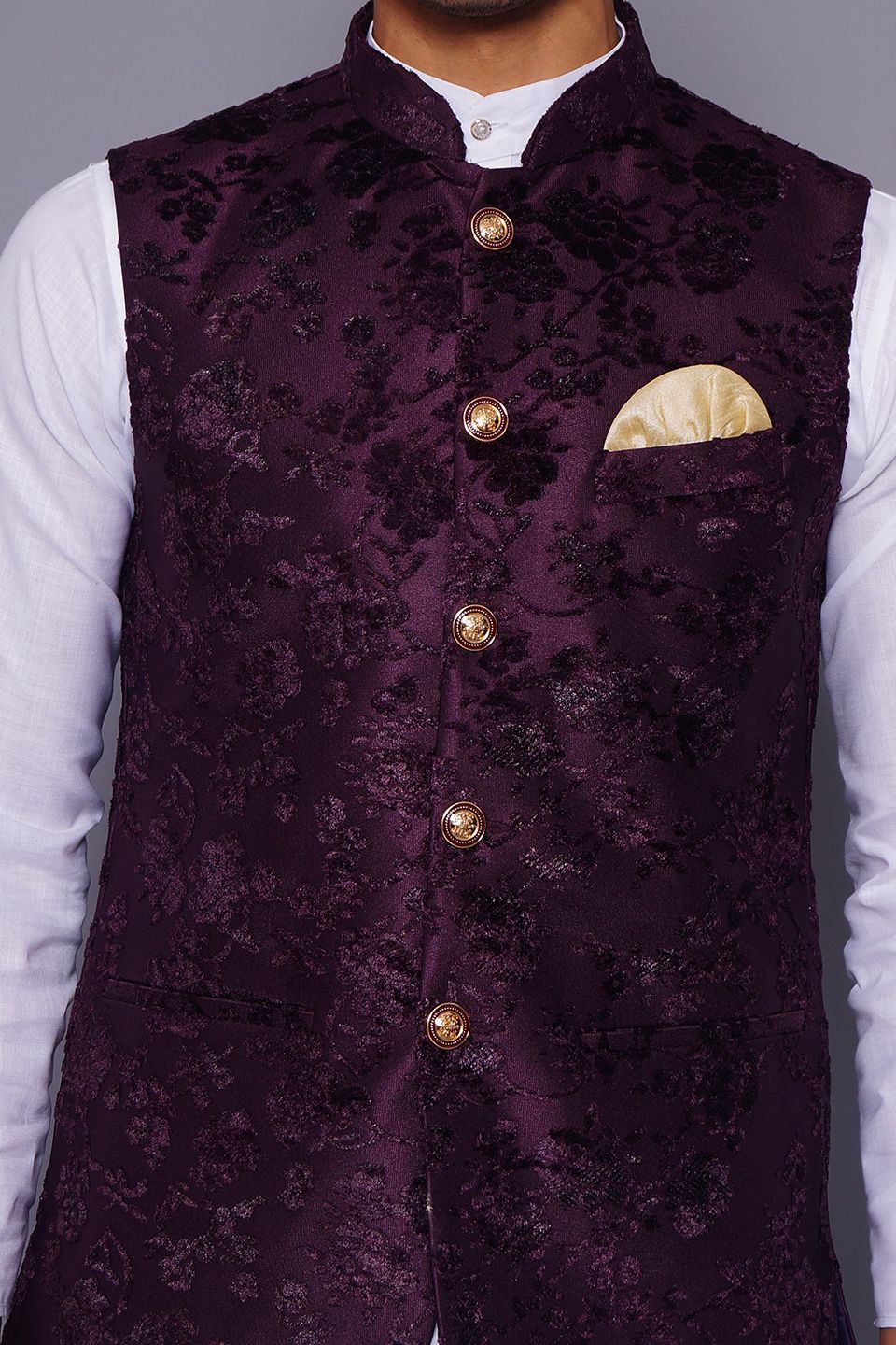 Wintage Men's Embroidered Velvet Grandad Nehru Jacket : Purple