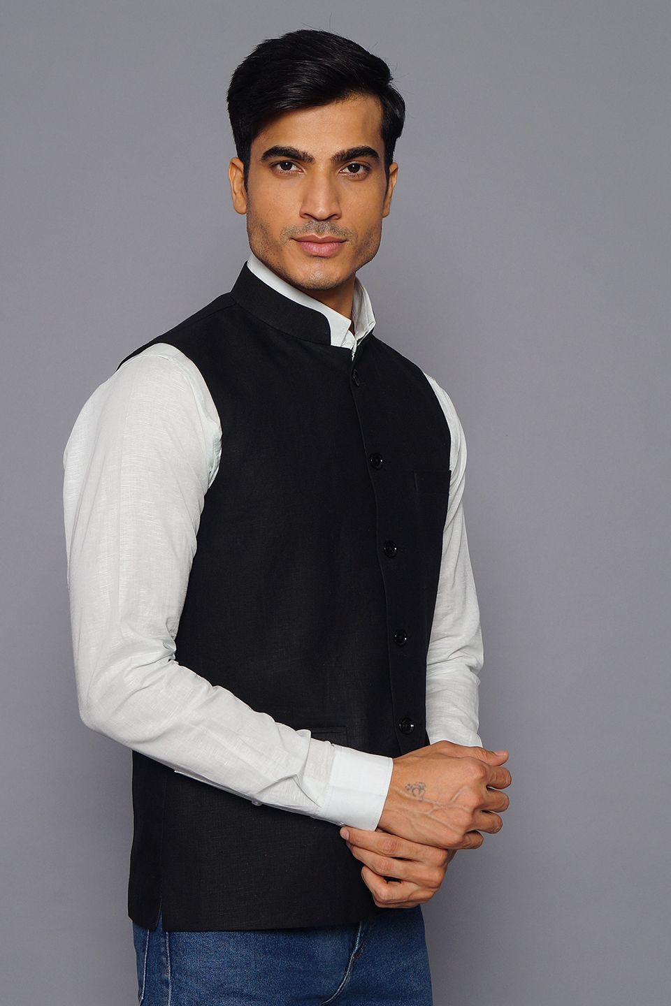 Wintage Men's Pure Linen Nehru Jacket Vest Waistcoat: Black