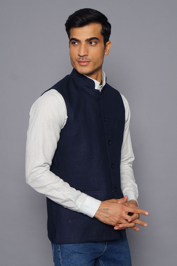 Wintage Men's Pure Linen Nehru Jacket Vest Waistcoat: Blue