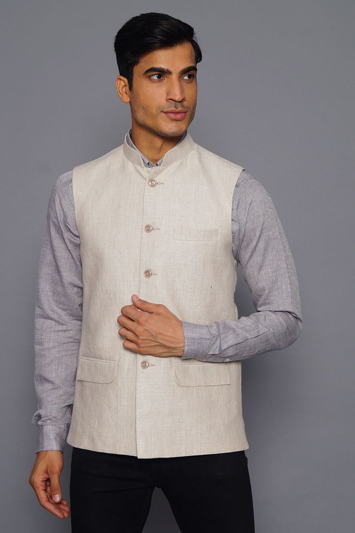 Wintage Men's Pure Linen Nehru Jacket Vest Waistcoat: Cream