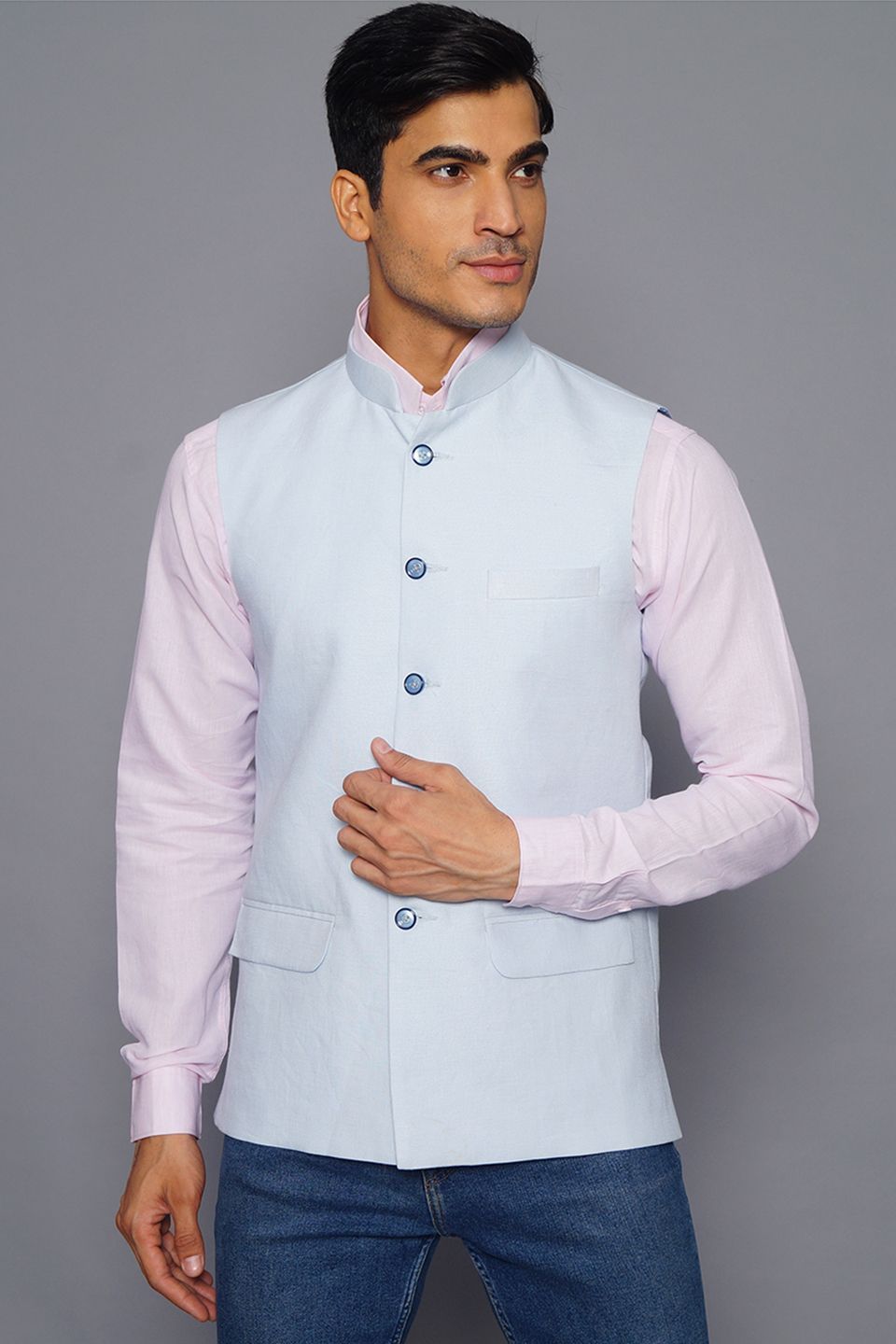 Wintage Men's Pure Linen Nehru Jacket Vest Waistcoat: Sky Blue