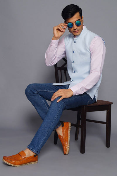 Wintage Men's Pure Linen Nehru Jacket Vest Waistcoat: Sky Blue