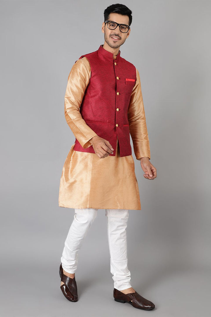 Banarasi Rayon Cotton Red Modi Nehru Jacket