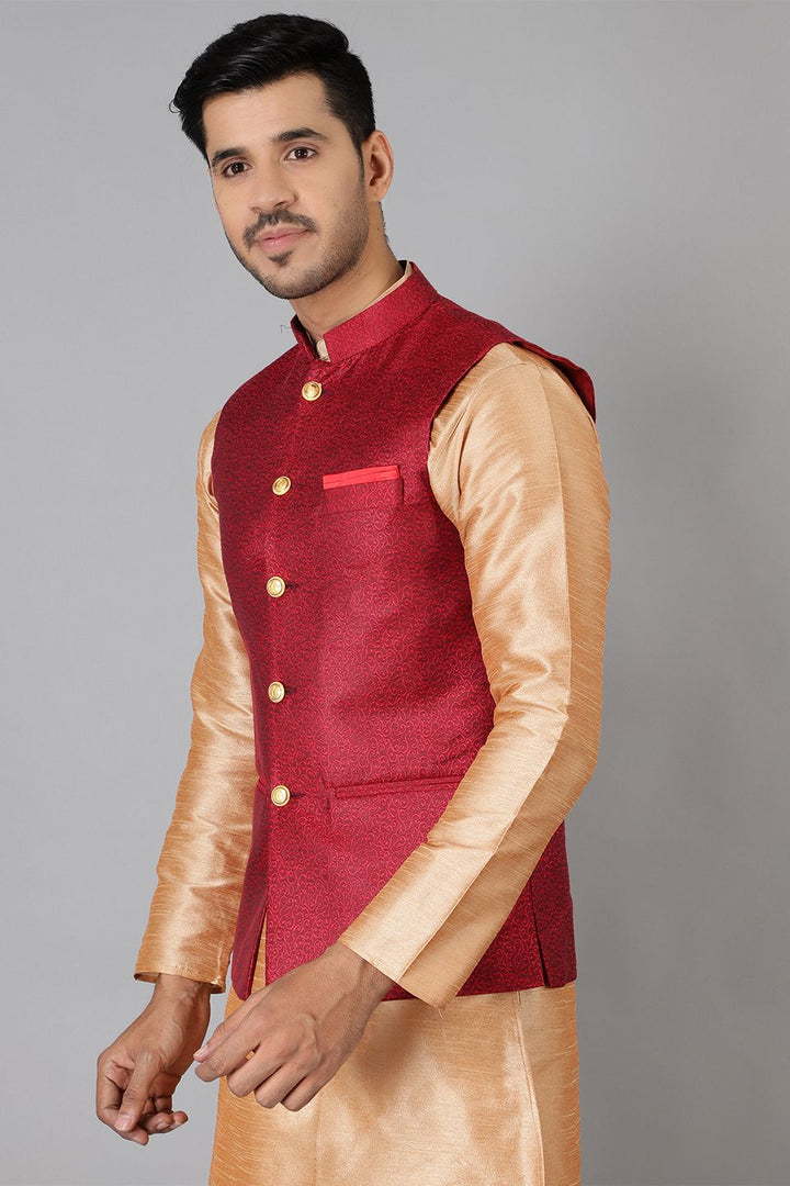 Banarasi Rayon Cotton Red Modi Nehru Jacket