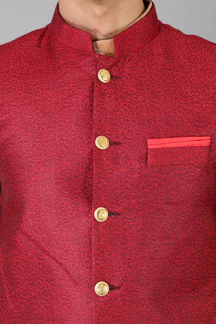 Banarasi Rayon Cotton Red Modi Nehru Jacket