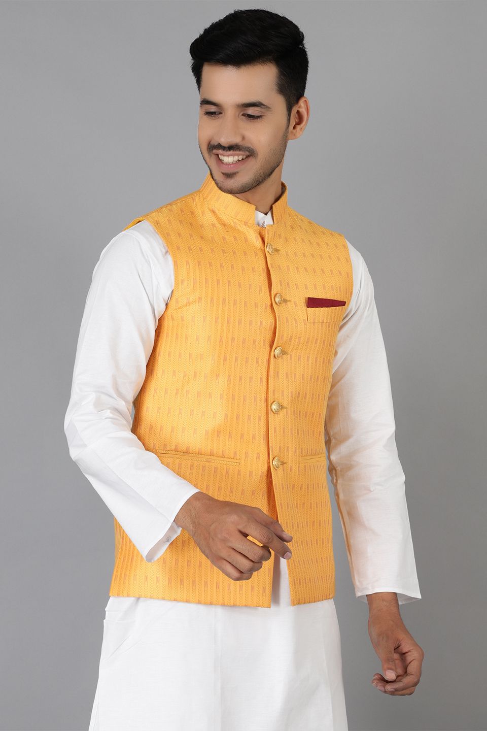 Banarasi Rayon Cotton Yellow Modi Nehru Jacket