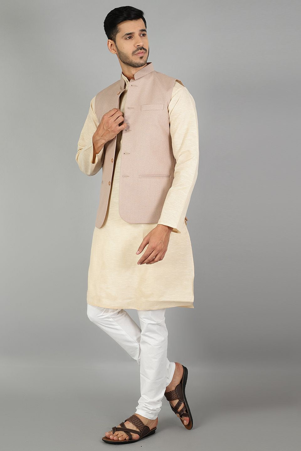 Polyester Cotton Plain Beige Modi Nehru Jacket