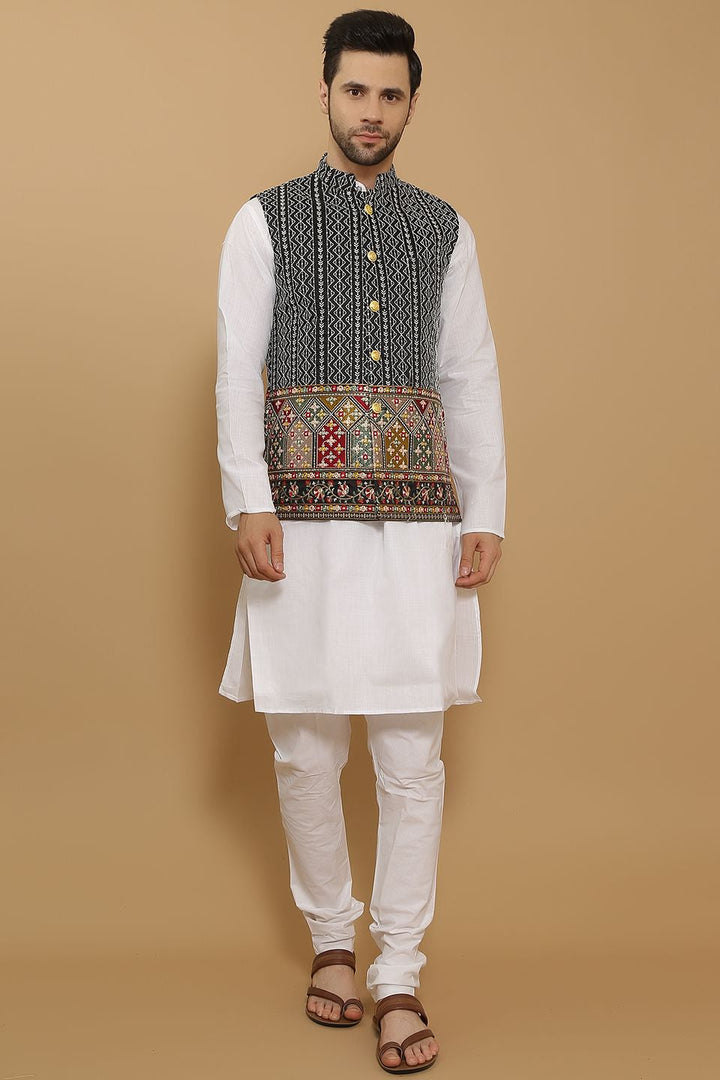 Cotton Silk Black Modi Nehru Jacket