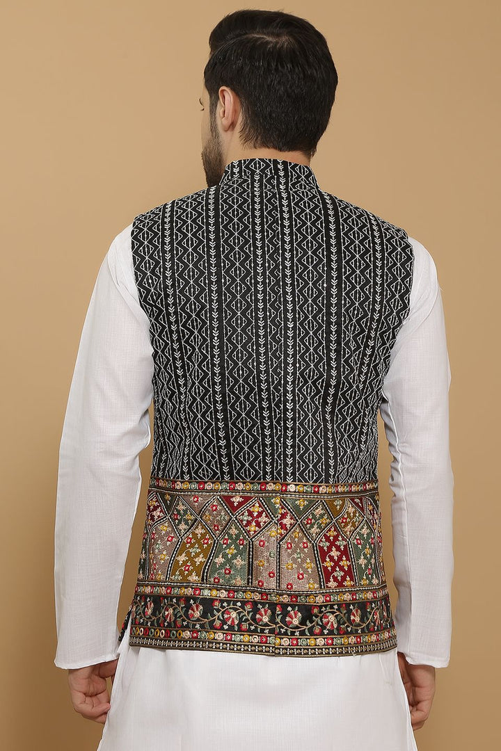 Cotton Silk Black Modi Nehru Jacket