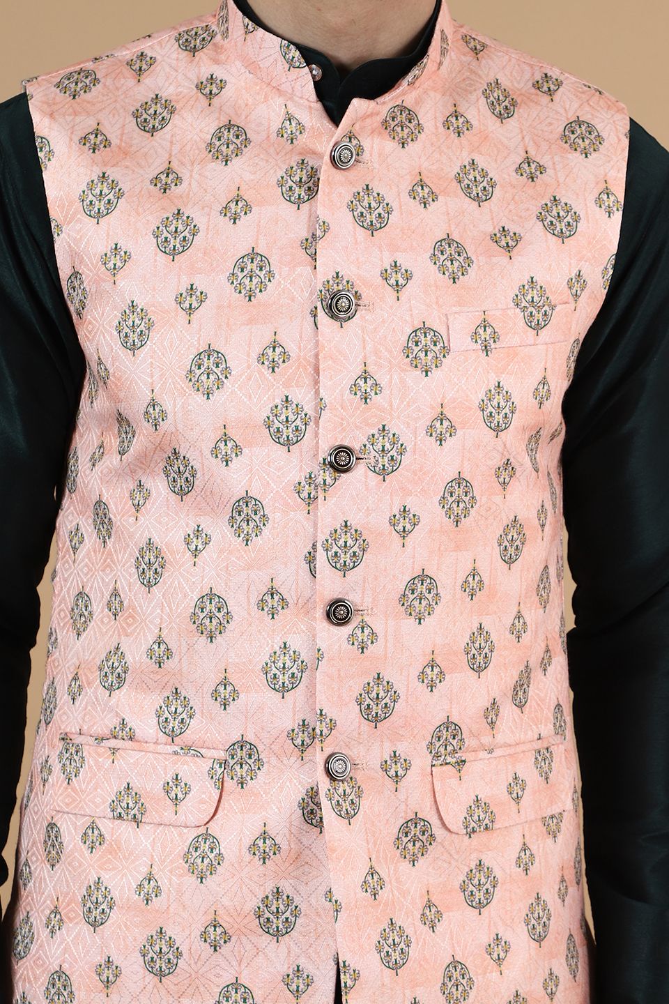 Digital Print Cotton Silk Pink Modi Nehru Jacket