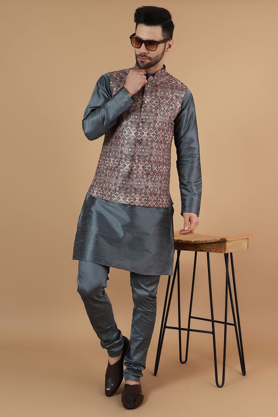 Digital Print Cotton Silk Brown Modi Nehru Jacket