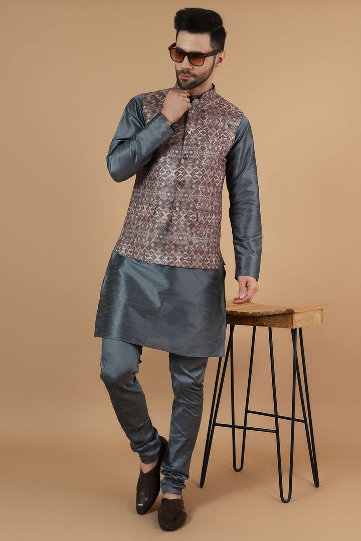 Digital Print Cotton Silk Brown Modi Nehru Jacket