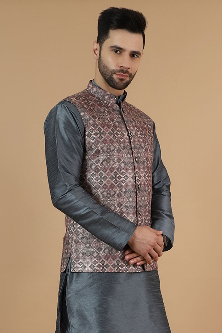 Digital Print Cotton Silk Brown Modi Nehru Jacket