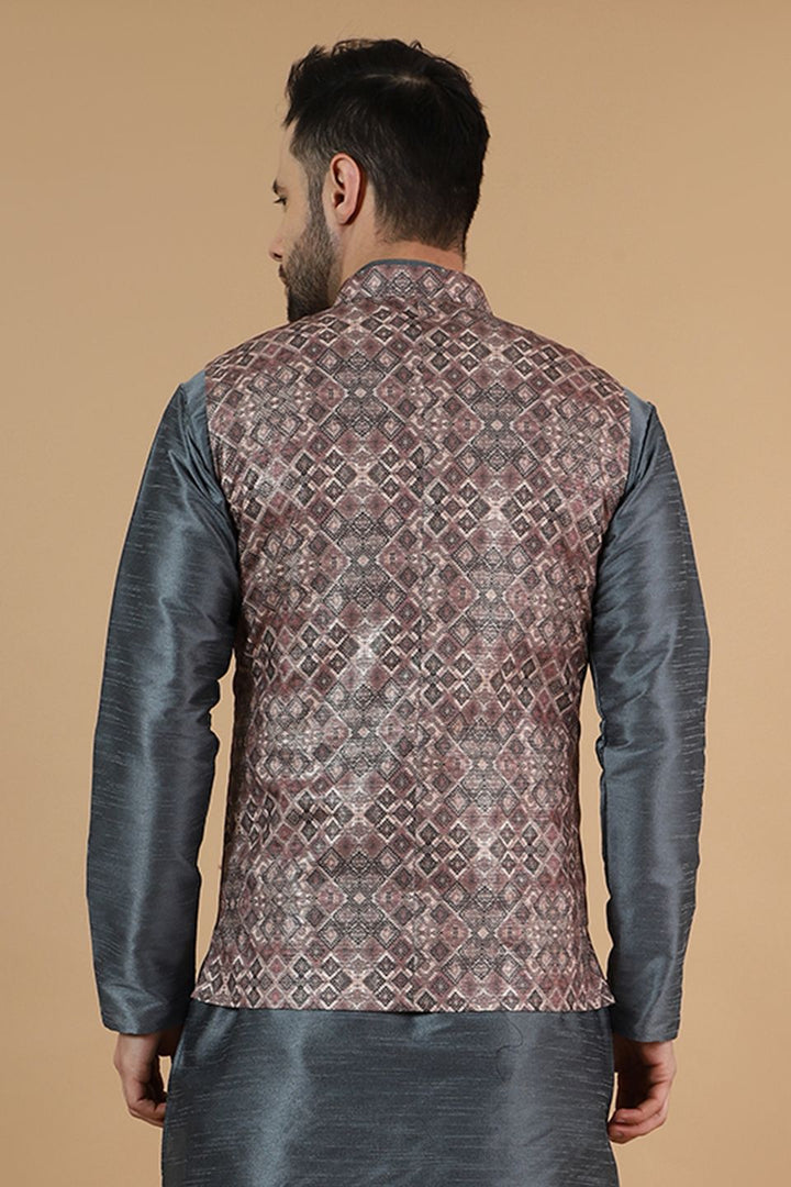 Digital Print Cotton Silk Brown Modi Nehru Jacket