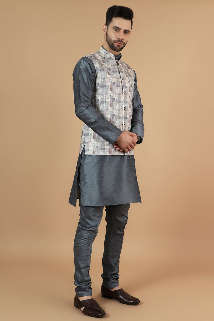 Digital Print Cotton Silk Grey Modi Nehru Jacket