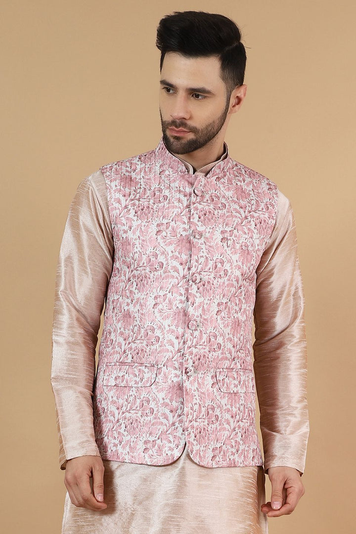 Digital Print Cotton Silk Pink Modi Nehru Jacket