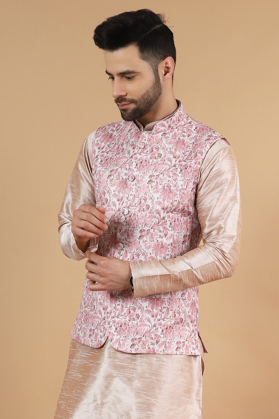 Digital Print Cotton Silk Pink Modi Nehru Jacket