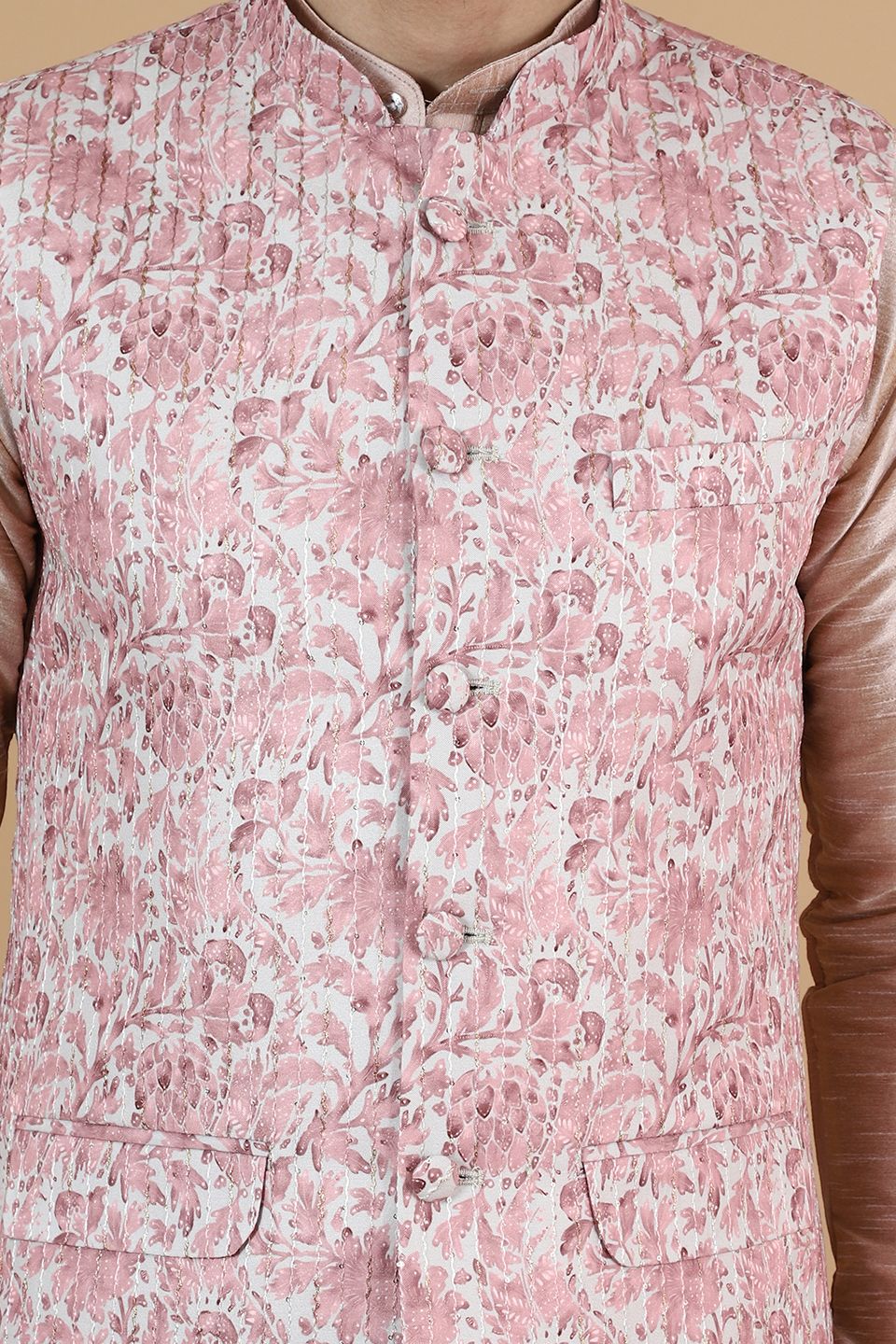 Digital Print Cotton Silk Pink Modi Nehru Jacket