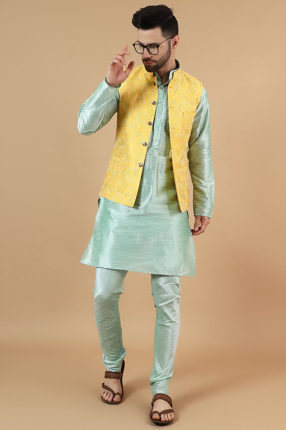 Digital Print Cotton Silk Yellow Modi Nehru Jacket