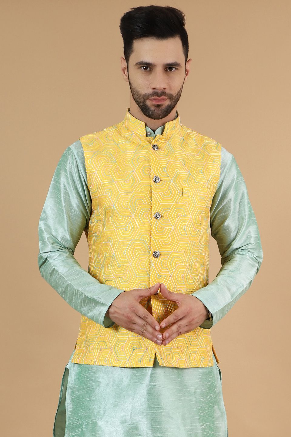 Digital Print Cotton Silk Yellow Modi Nehru Jacket