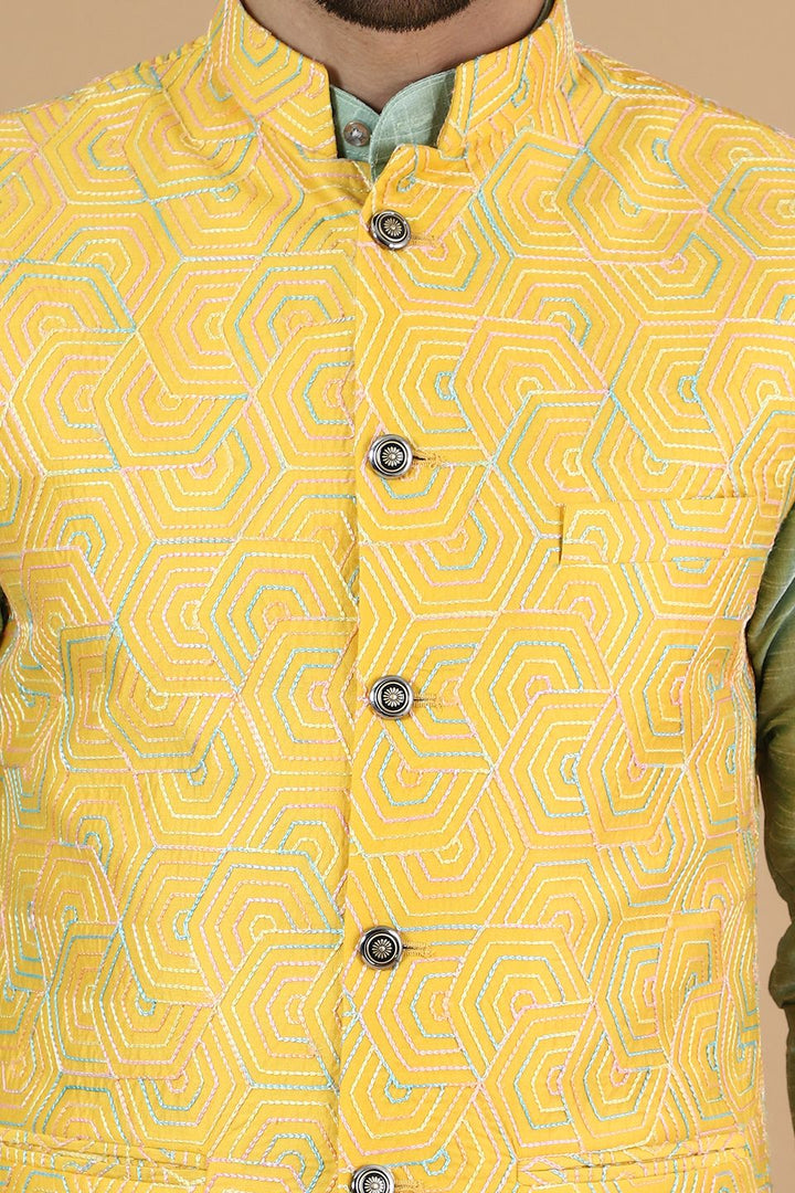 Digital Print Cotton Silk Yellow Modi Nehru Jacket